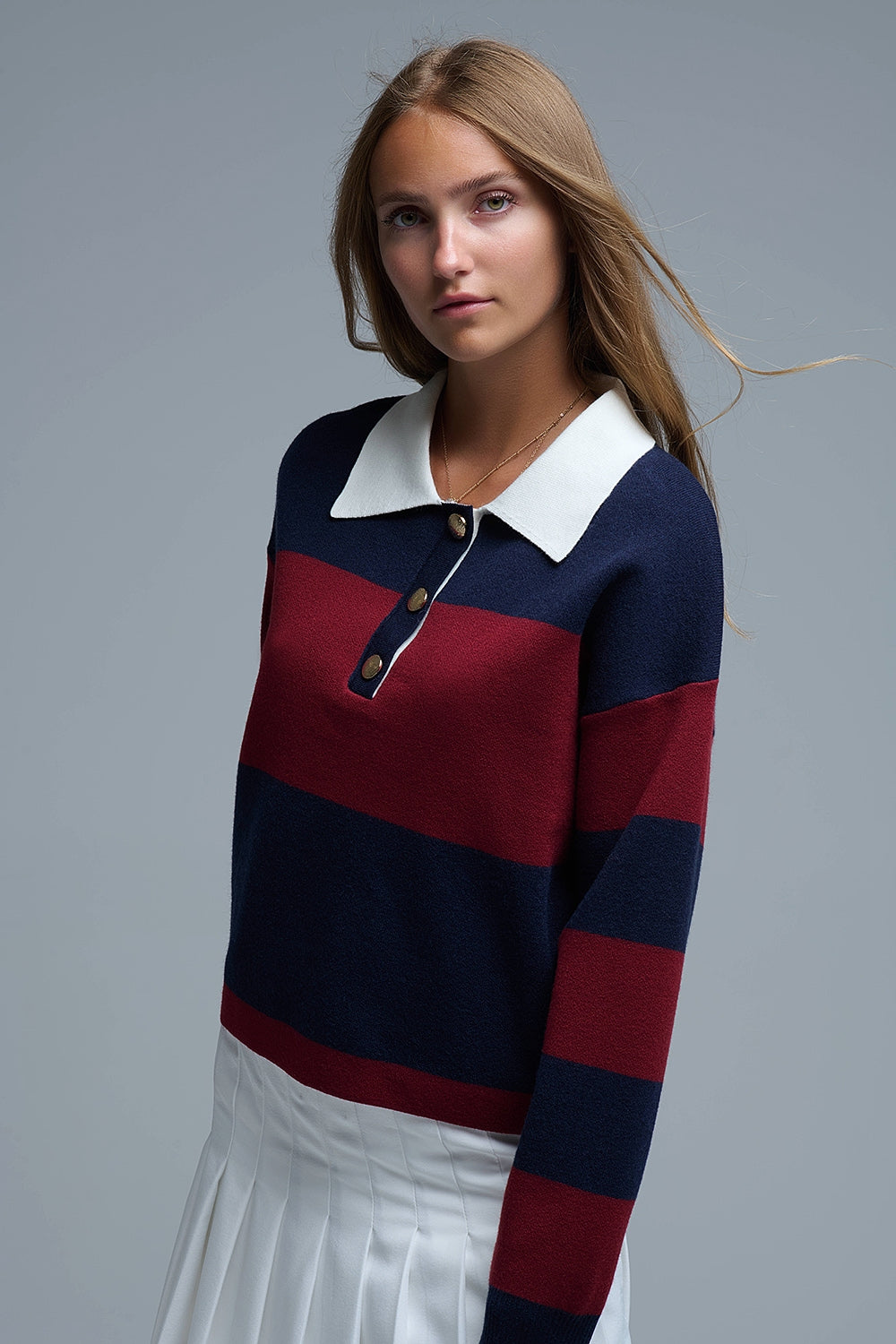 Pull polo rayé Ivy en marine et bourgogne