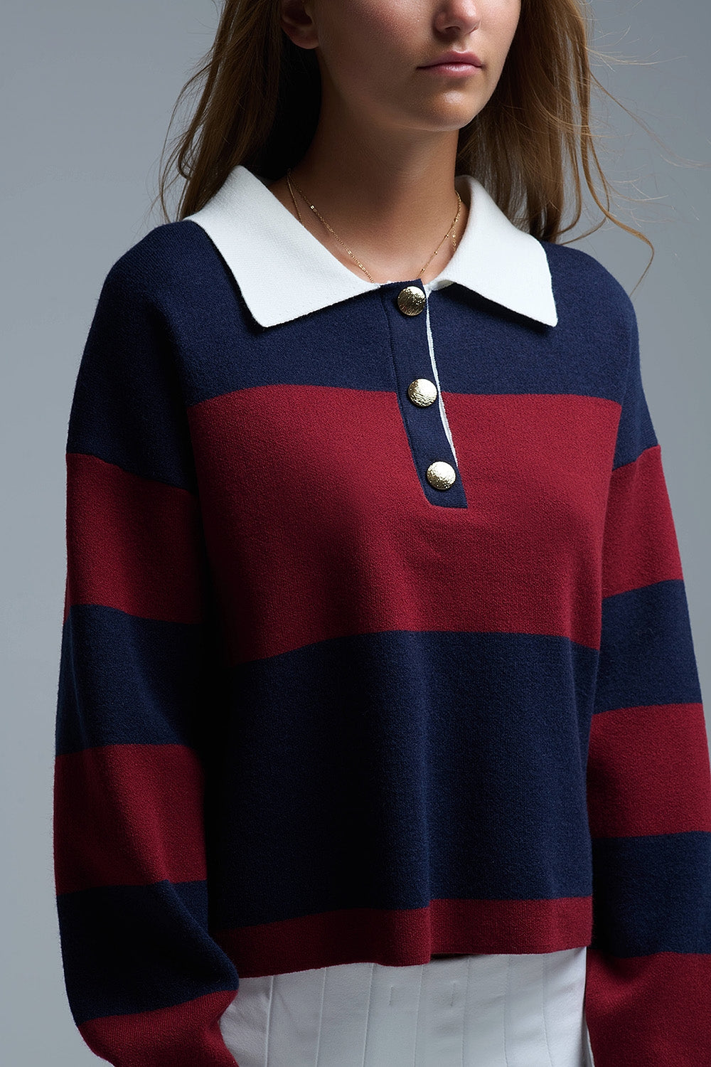 Pull polo rayé Ivy en marine et bourgogne