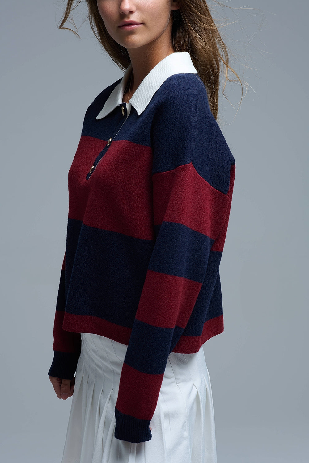 Pull polo rayé Ivy en marine et bourgogne