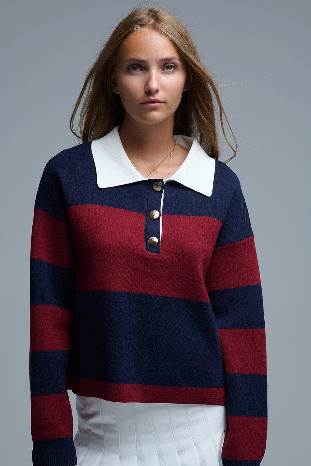 Q2 Pull polo rayé Ivy en marine et bourgogne