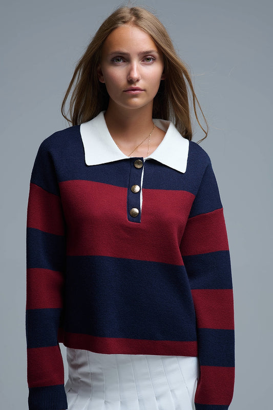 Q2 Pull polo rayé Ivy en marine et bourgogne