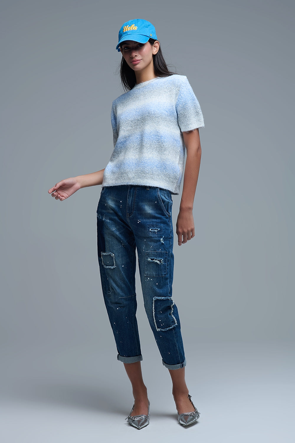 Pull rayé ombré à manches courtes bleu