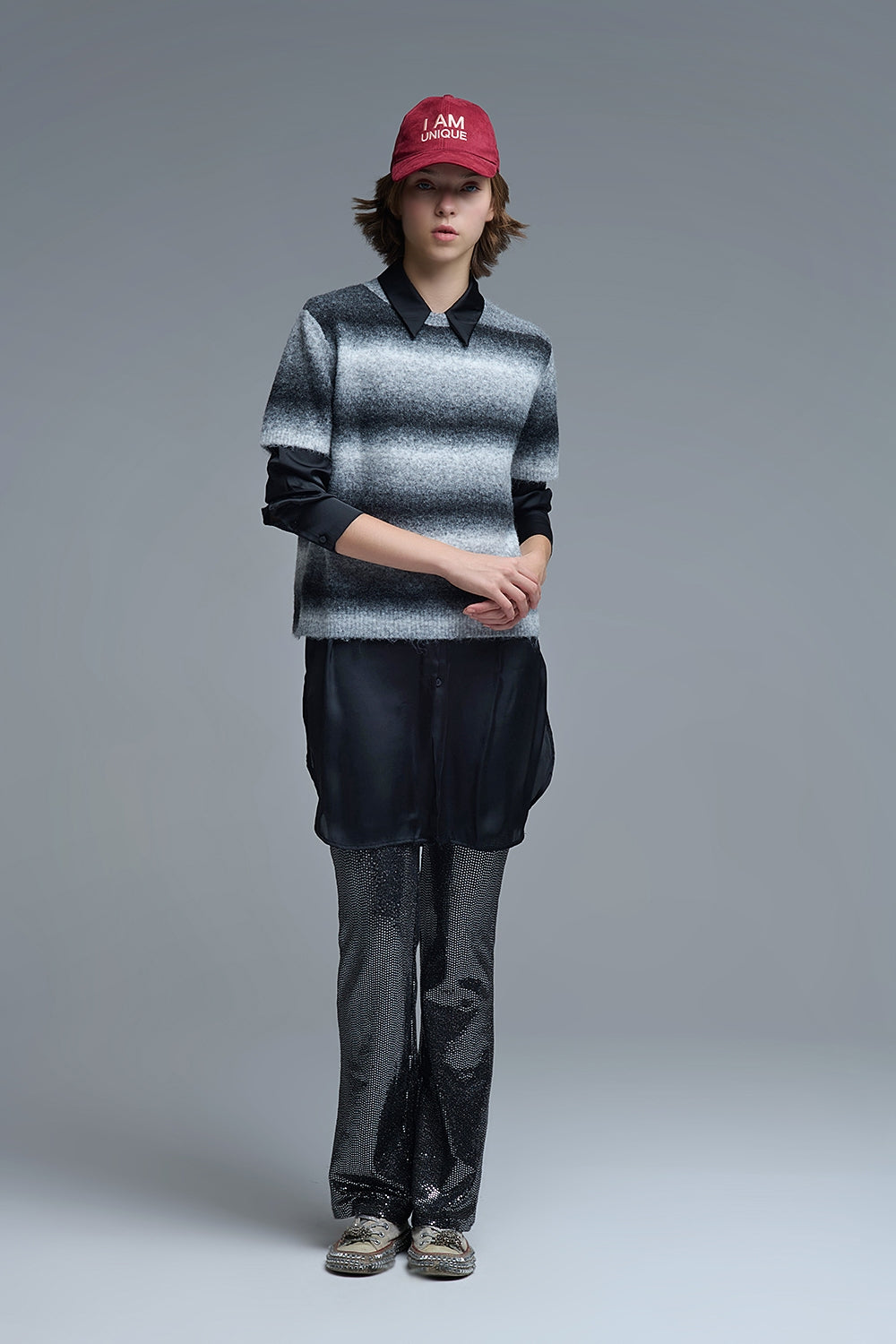 Pull rayé ombré à manches courtes en gris