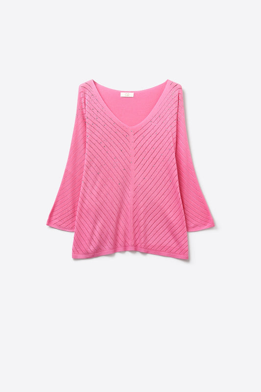 Q2 Pull rose à col en V avec des détails subtilement étincelants
