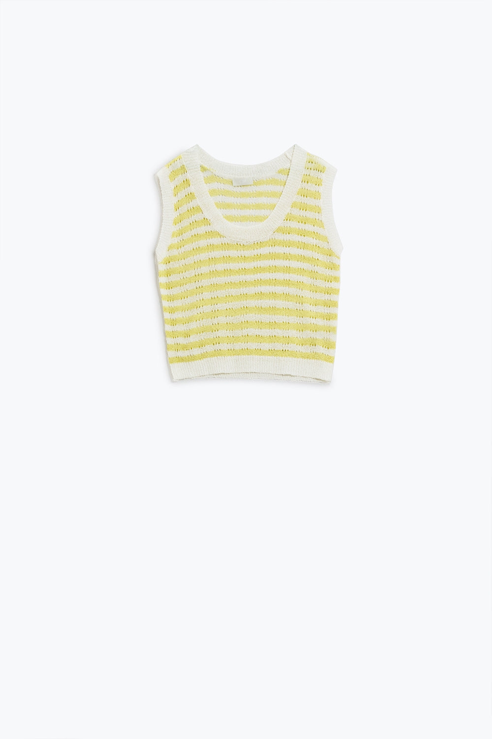 Pull sans manches à rayures en tricot ouvert jaune et blanc