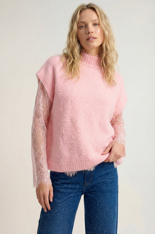 Q2 Pull sans manches en tricot doux doublé de dentelle en rose