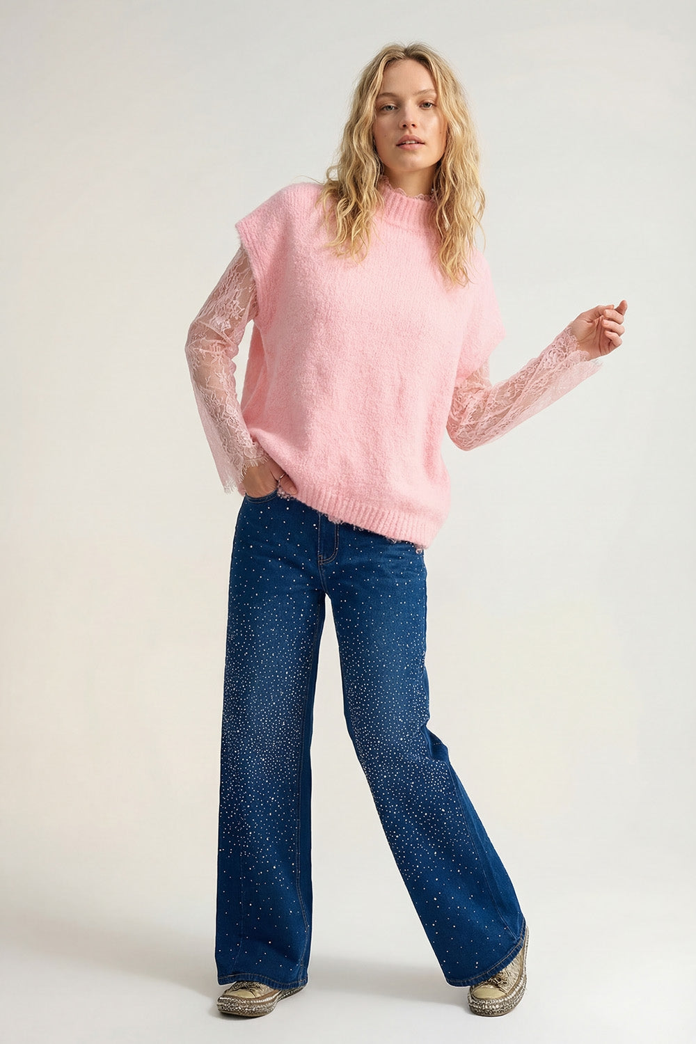 Pull sans manches en tricot doux doublé de dentelle en rose