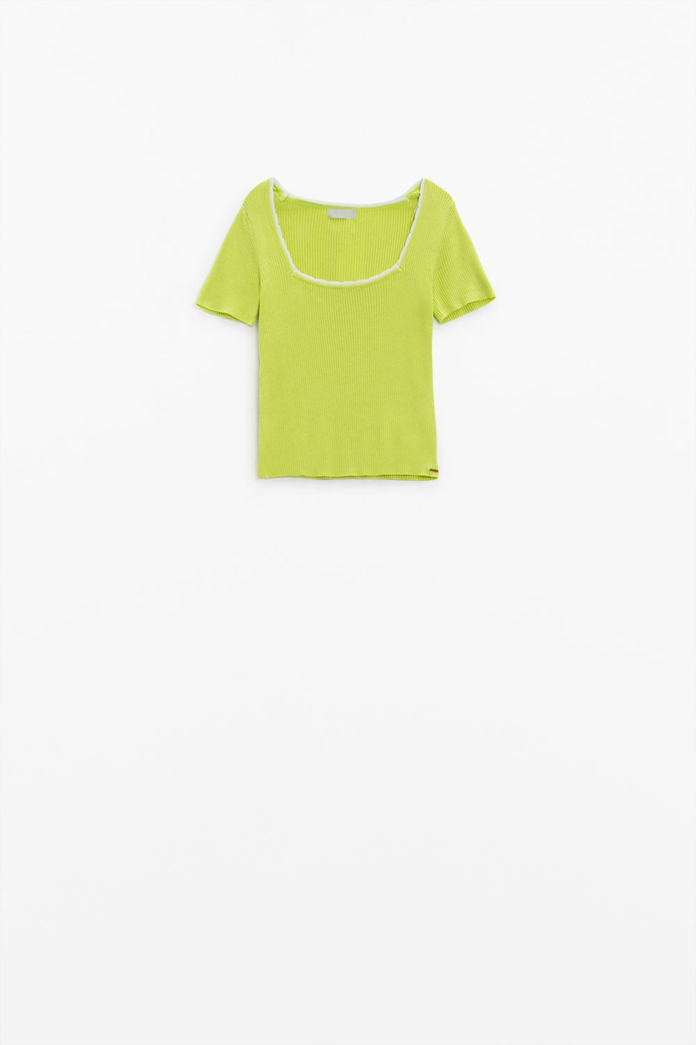 Pull tricoté à manches courtes avec col carré et bordure blanche couleur citron vert