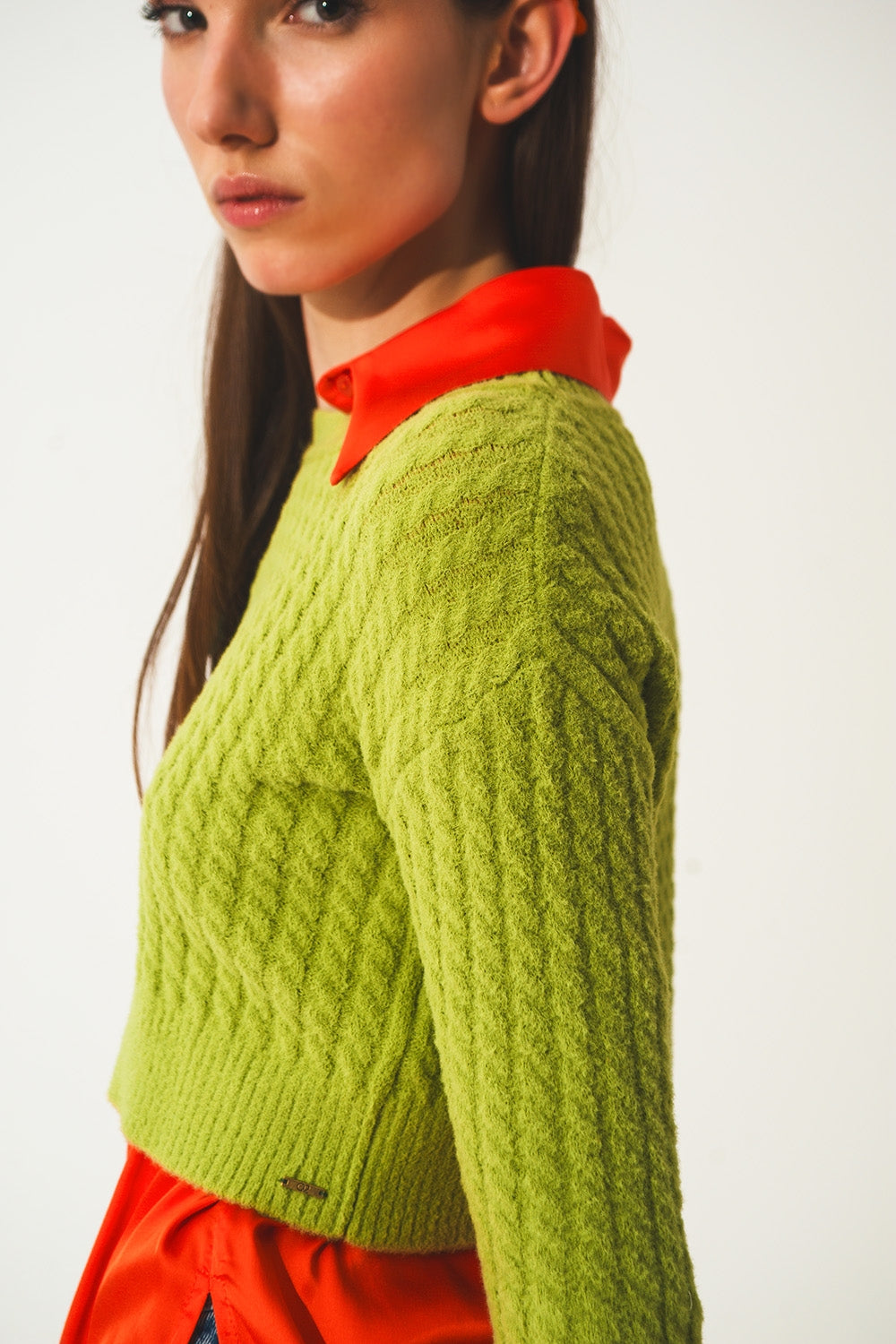 Pull ultra court en maille torsadée vert citron