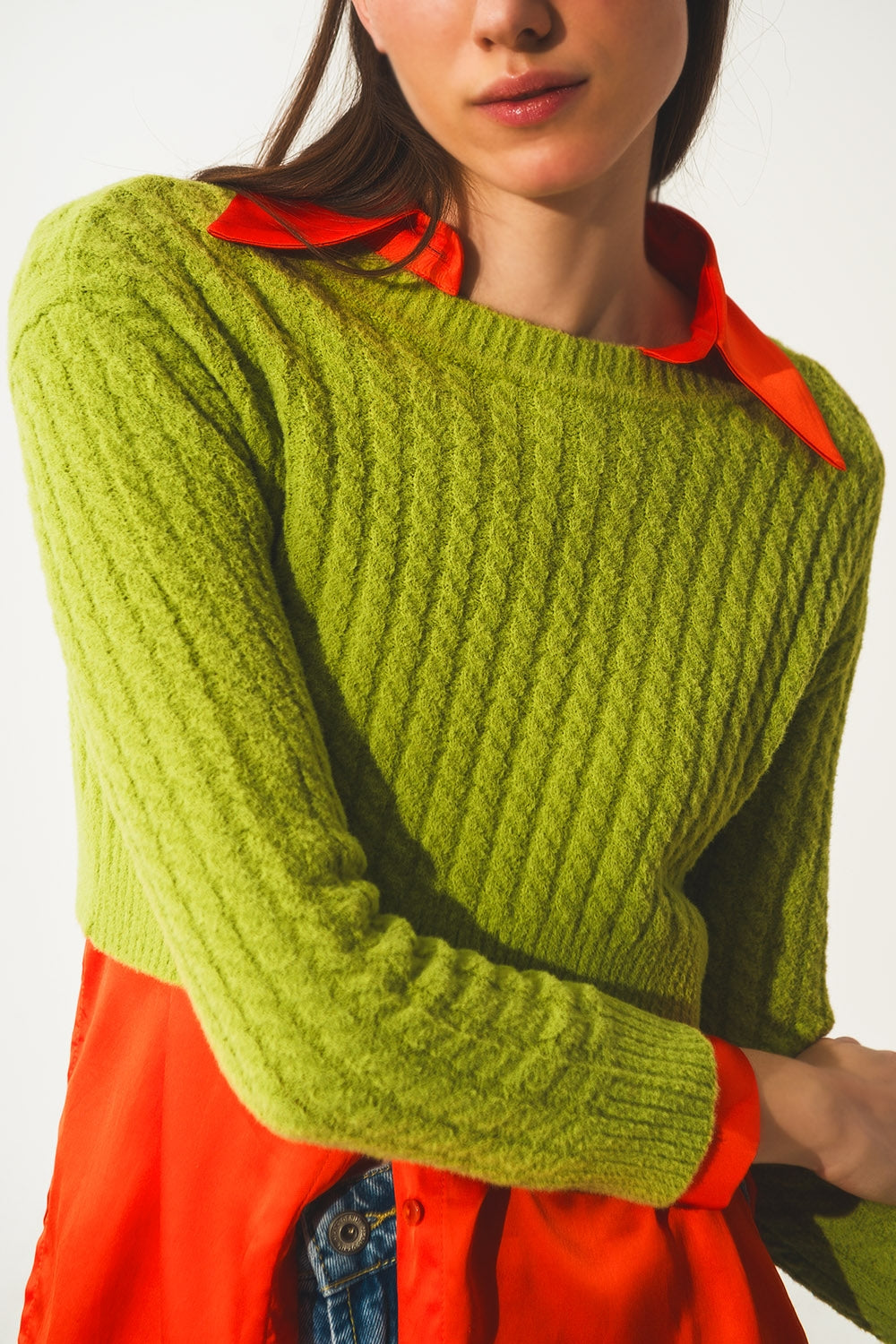 Pull ultra court en maille torsadée vert citron