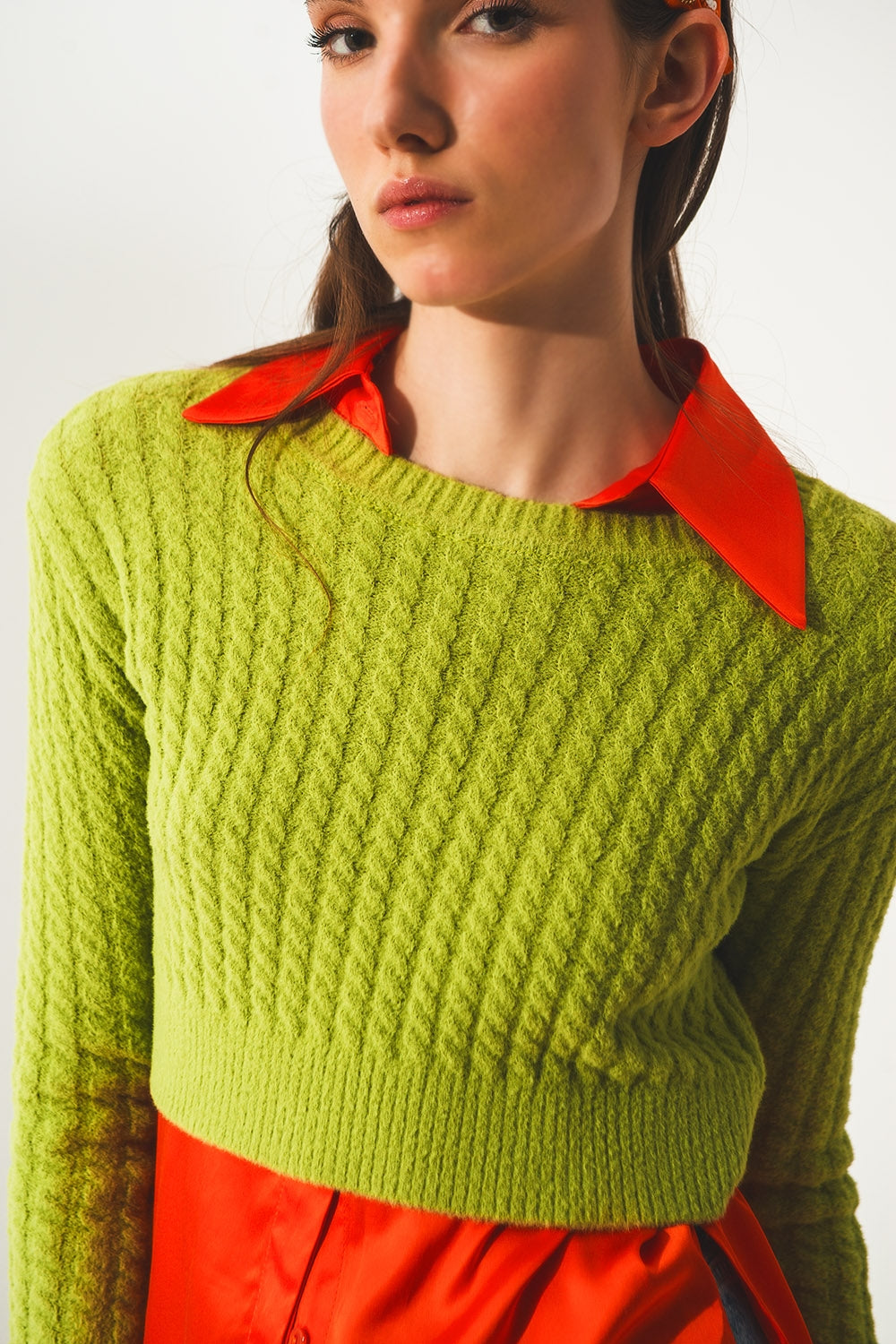 Pull ultra court en maille torsadée vert citron