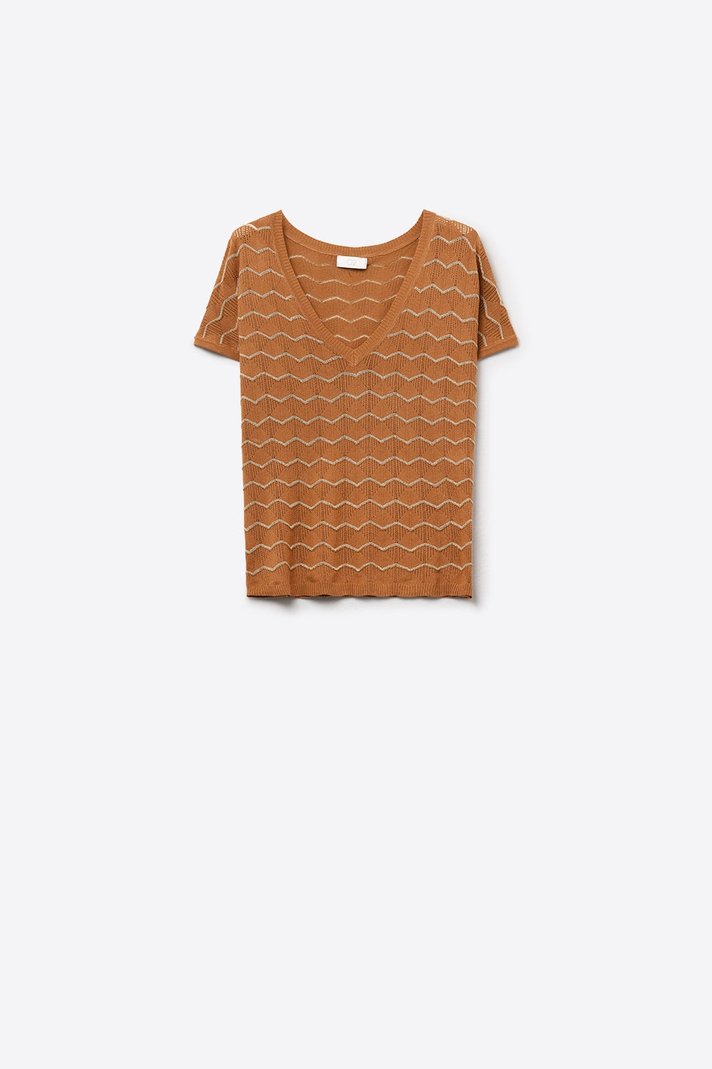 Q2 Pull Zigzag à col en V et manches tombantes en brun