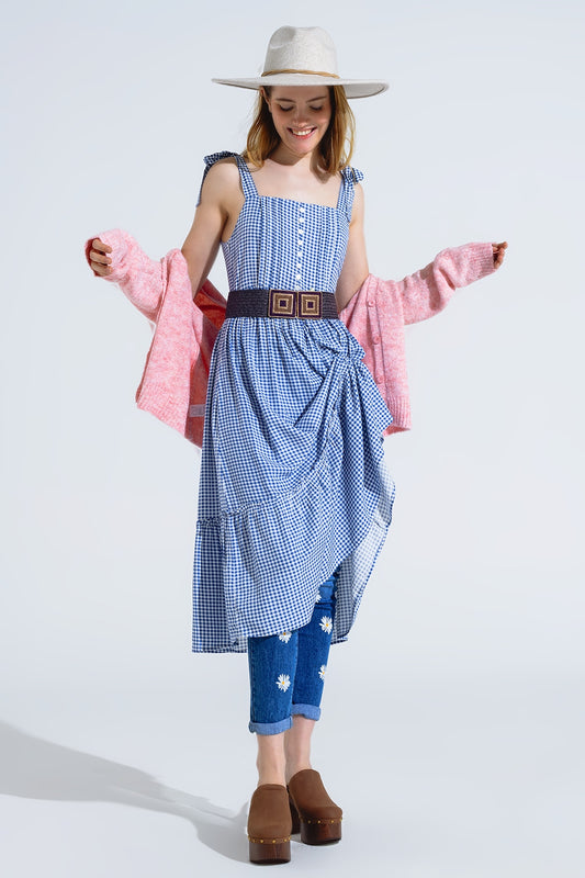 Q2 Robe à bretelles réglables en vichy bleu et blanc