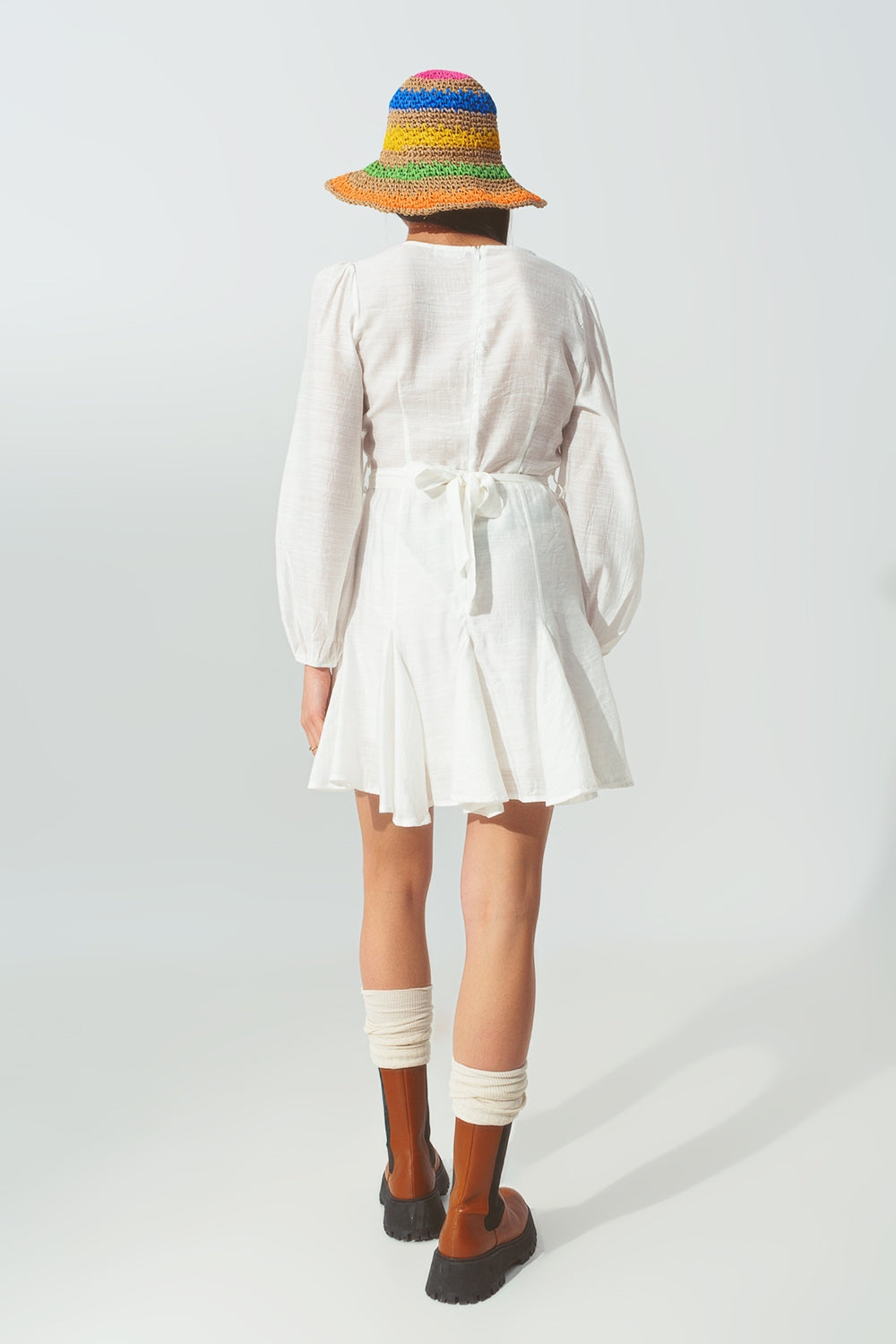 Robe à Col V à Volants Blanc