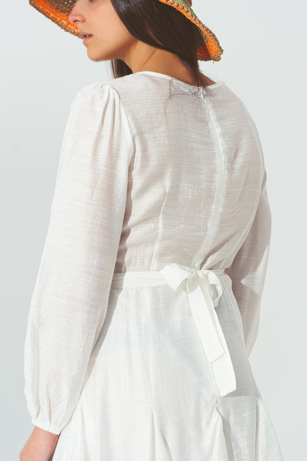 Robe à Col V à Volants Blanc