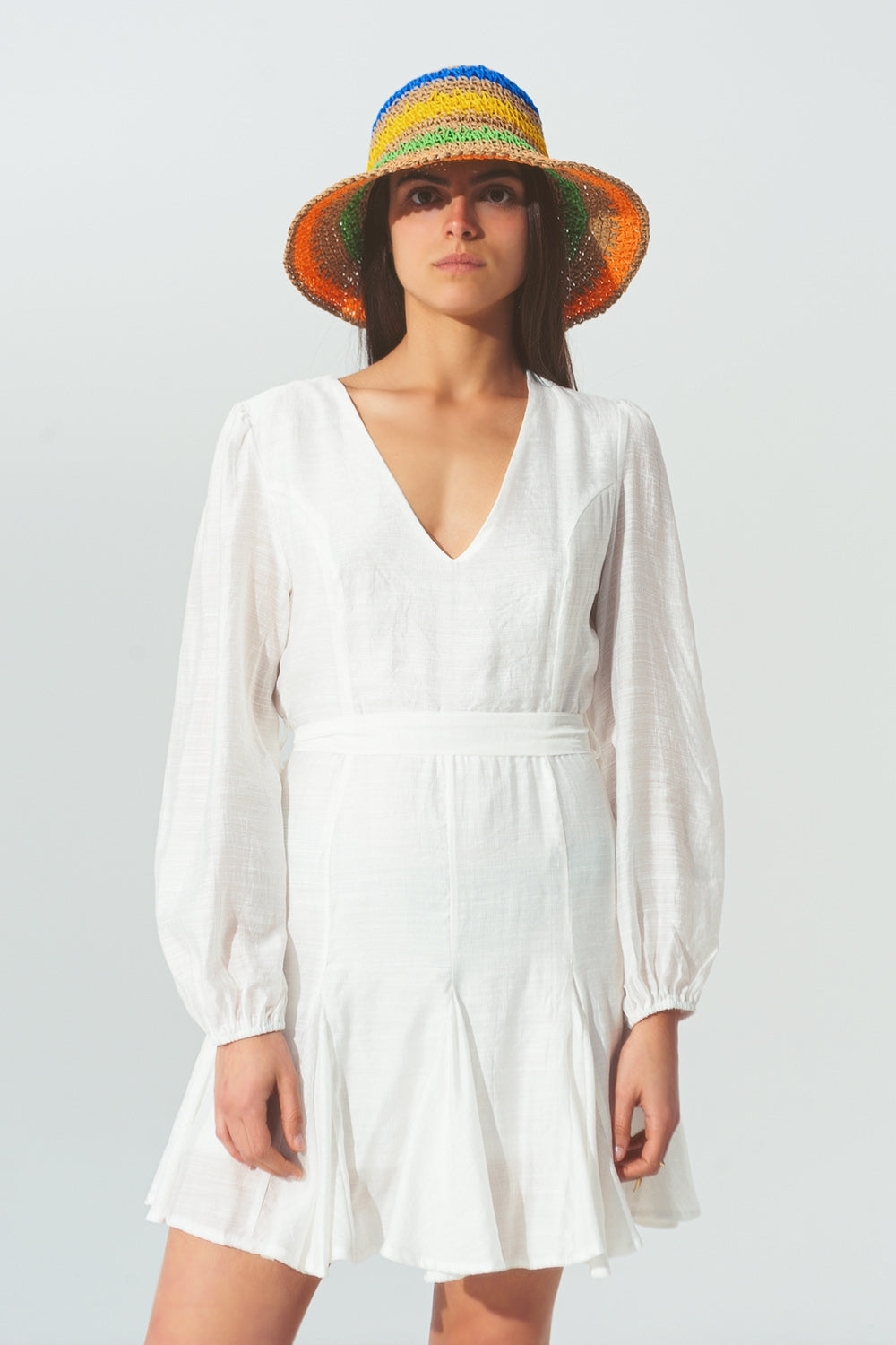 Robe à Col V à Volants Blanc