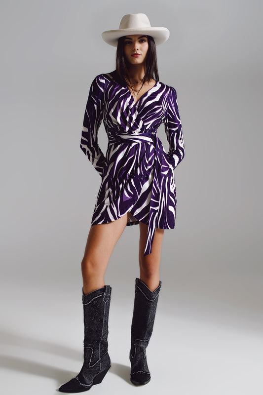 Q2 Robe à manches longues avec ceinture en imprimé zèbre crème et violet