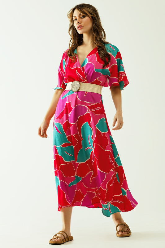 Q2 Robe ample à manches courtes avec motifs floraux