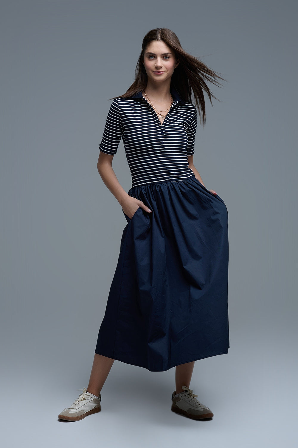 Robe avec top rayé Polo et jupe midi en popeline en bleu marine