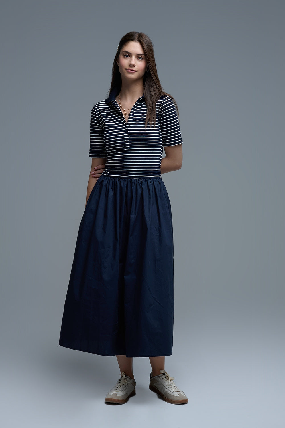 Robe avec top rayé Polo et jupe midi en popeline en bleu marine