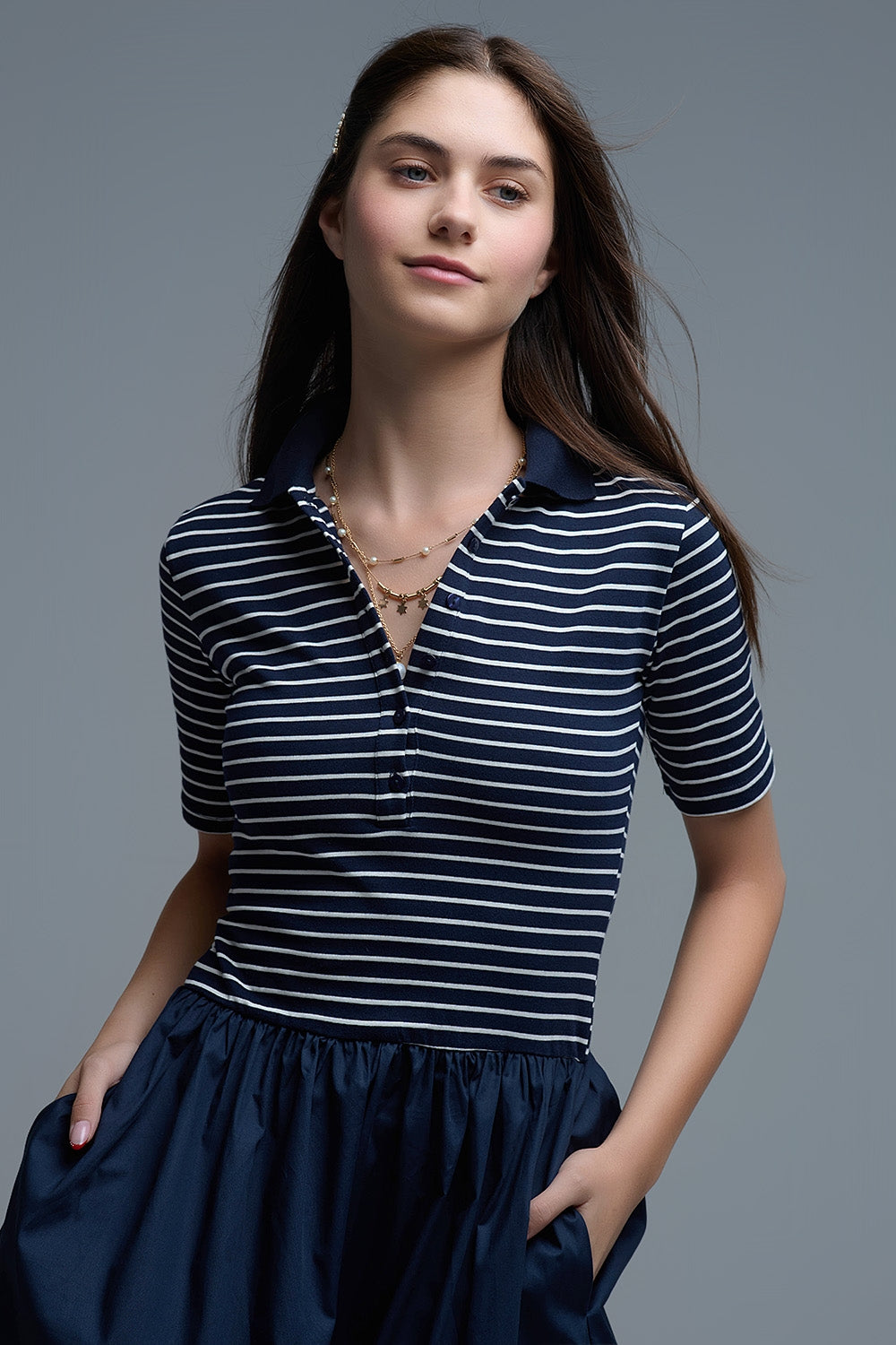 Robe avec top rayé Polo et jupe midi en popeline en bleu marine