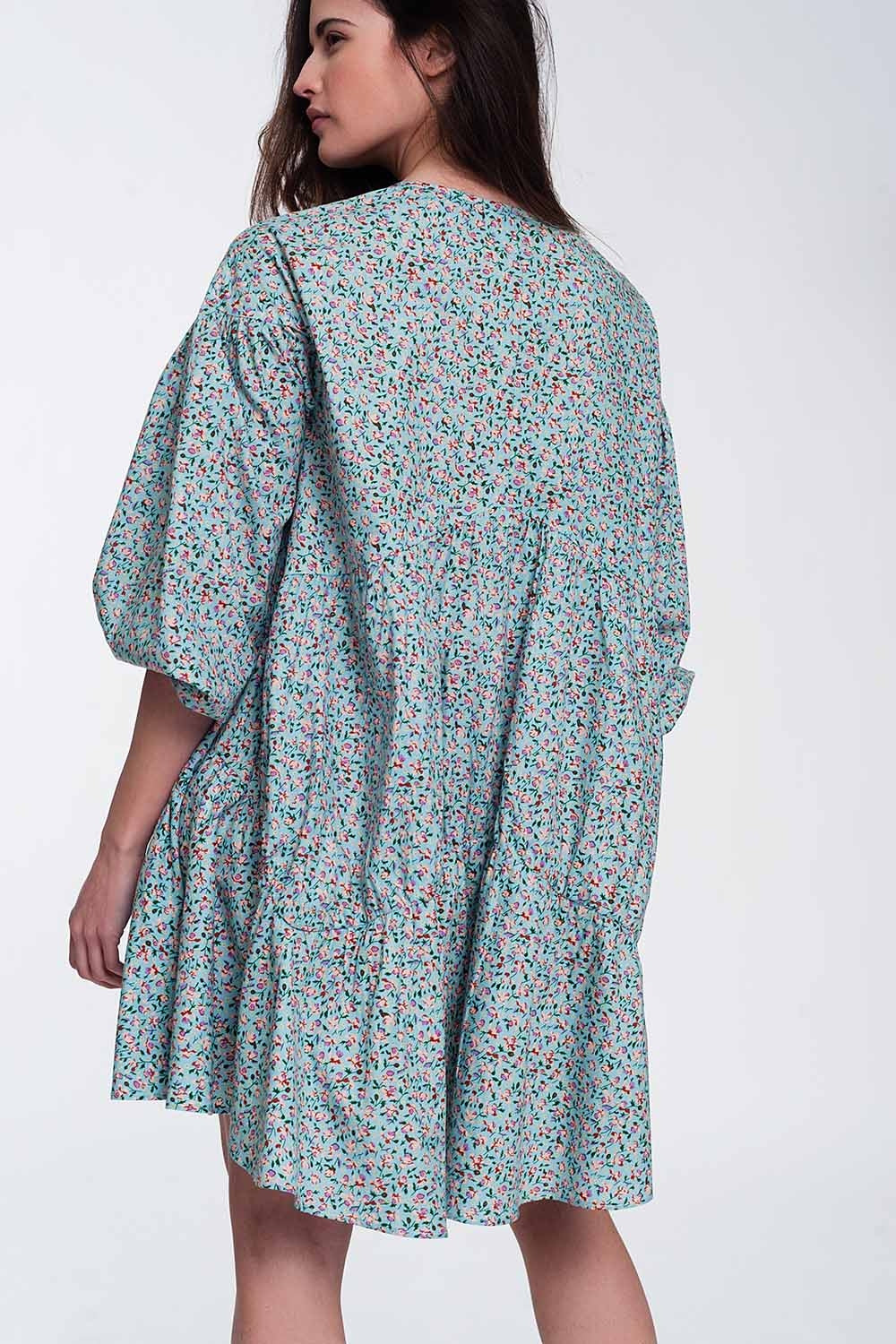 Robe babydoll courte à manches bouffantes et ourlet à basque - Motif fleuri