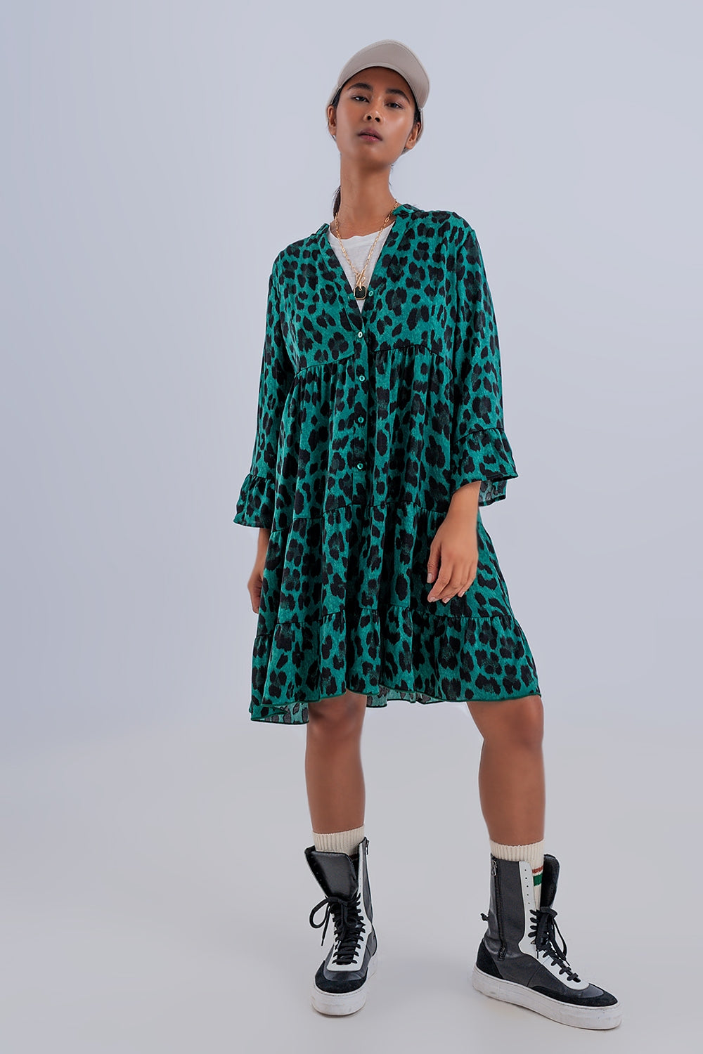 Q2 Robe babydoll courte à volants superposés Imprimé animal vert