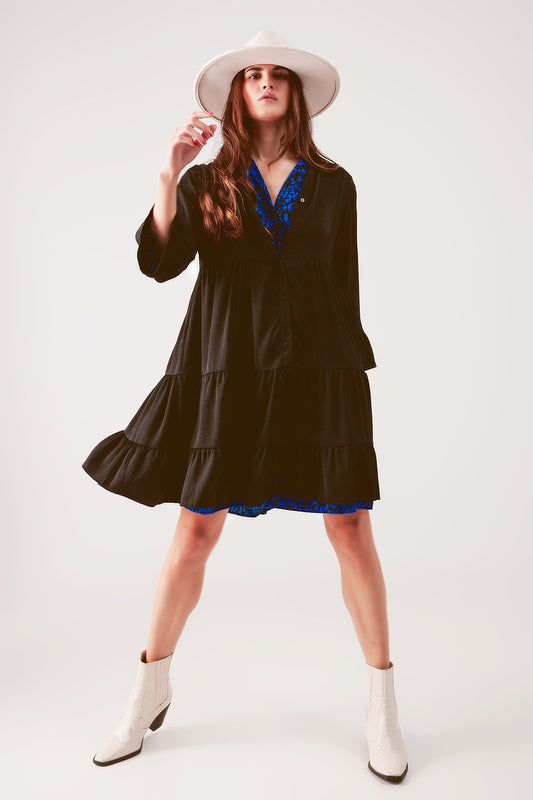 Q2 Robe babydoll courte à volants superposés noire