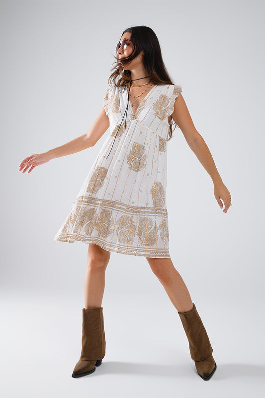 Q2 Robe babydoll courte avec imprimé feuilles et fil de Lurex en blanc