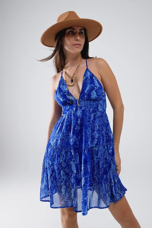 Q2 Robe BabyDoll dos nu à imprimé bleu serpent