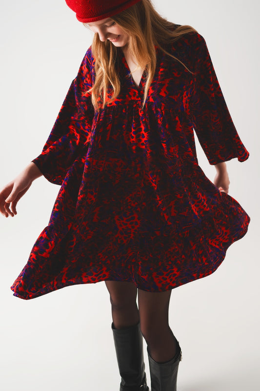 Q2 Robe babydoll rouge courte à volants étagés et imprimé animal