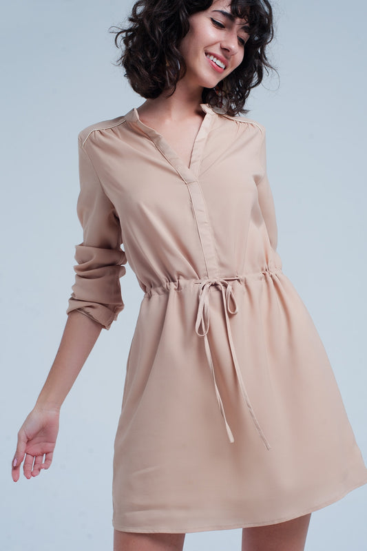 Q2 Robe Beige chemise courte à nouer à la taille
