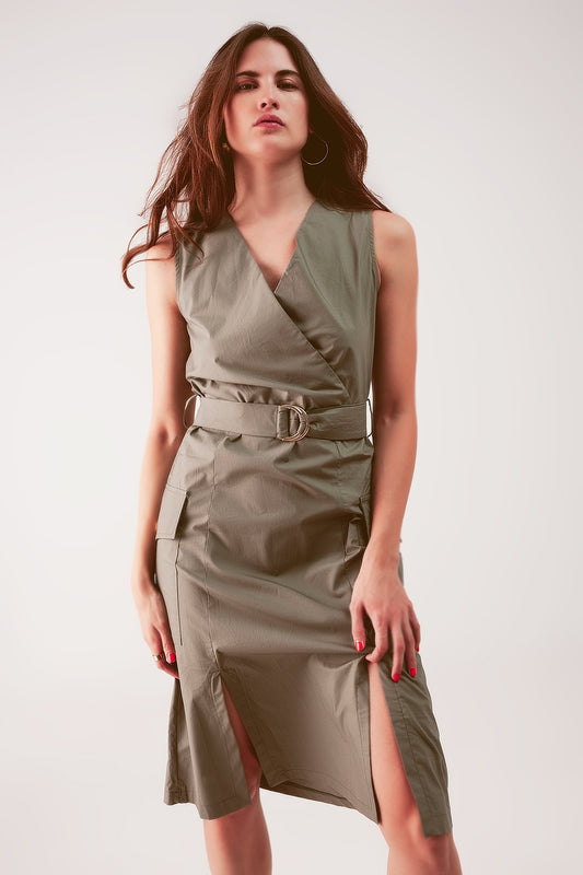 Q2 Robe cache cœur kaki mi longue avec ceinture