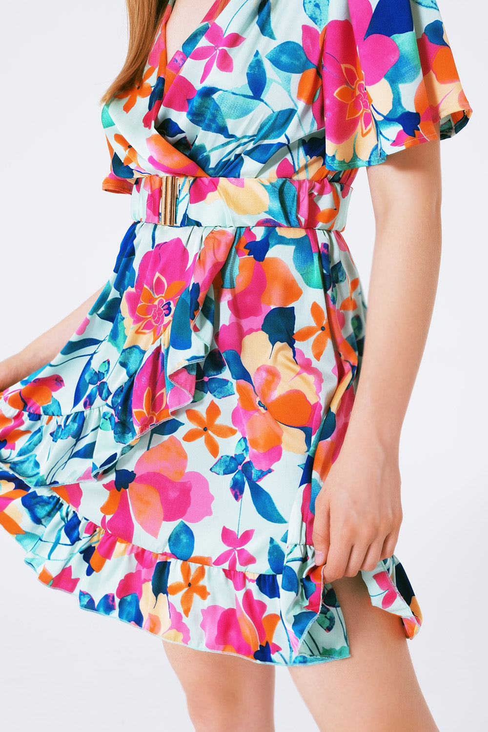 robe ceinturée en satin doux avec imprimé fleuri