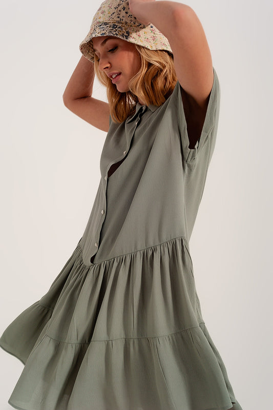 Q2 Robe chemise courte à volants verte