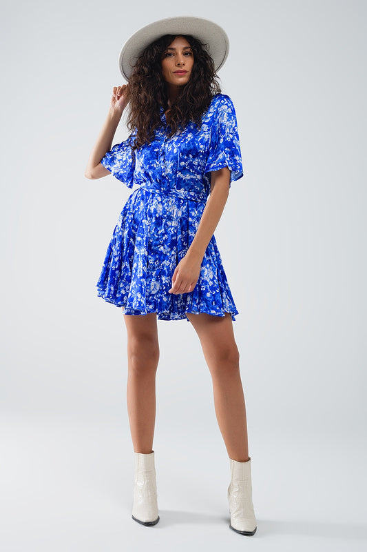 Q2 Robe chemise courte fluide à manches d'ange en imprimé abstrait bleu