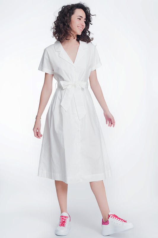 Q2 Robe chemise en popeline blanche avec ceinture et manches courtes