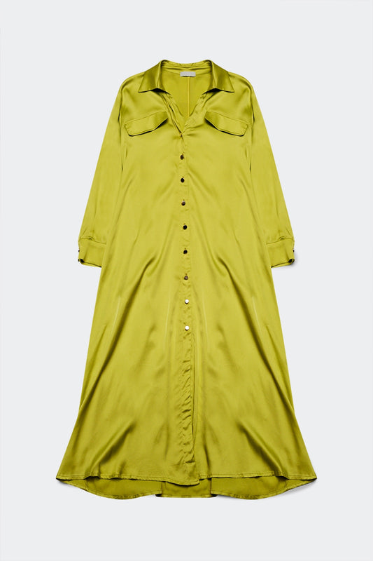 Q2 Robe chemise en satin avec poches vert citron