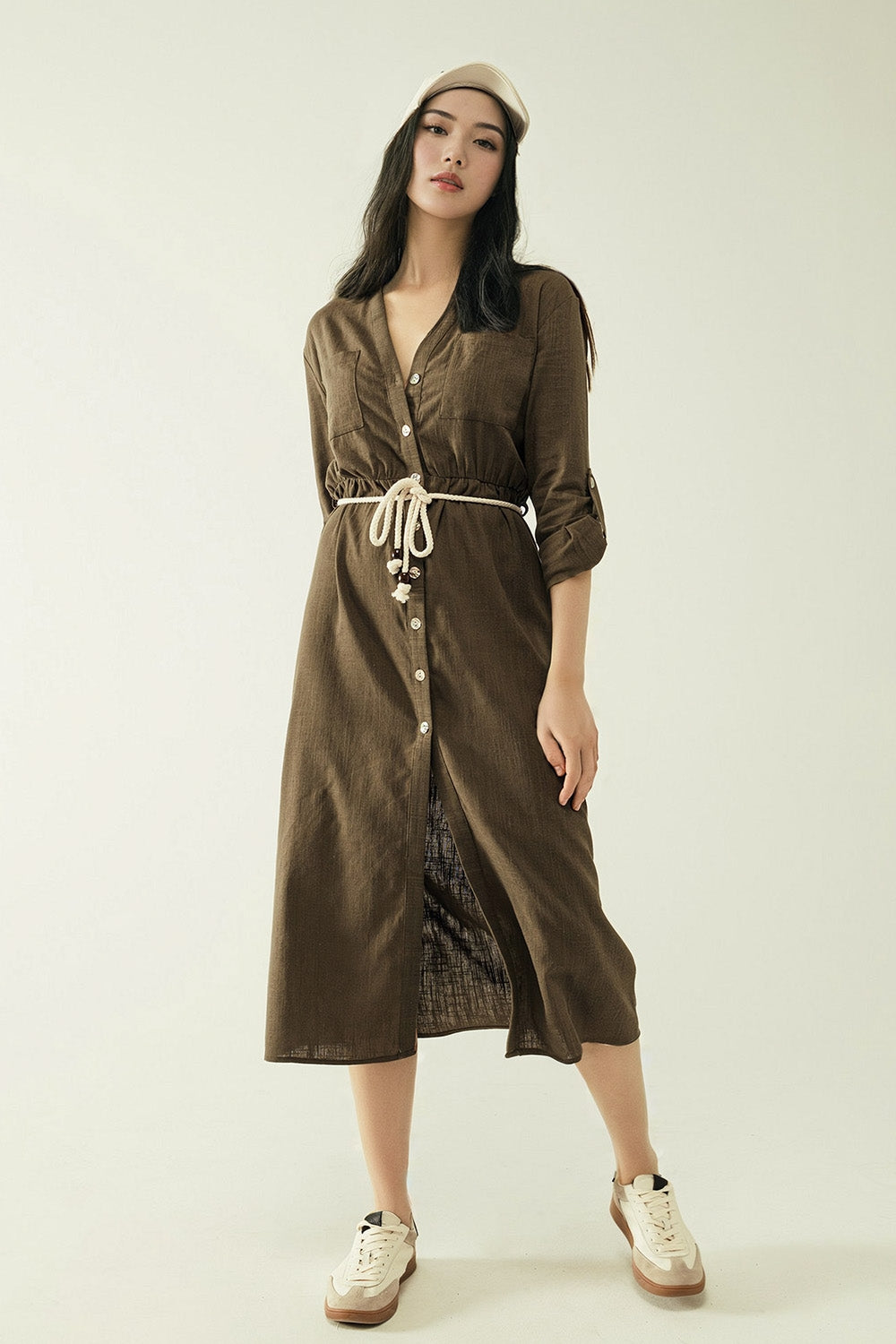 Q2 Robe chemise Khaki à manches longues avec fermeture à boutons