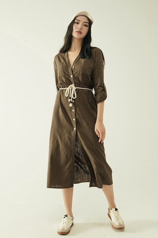 Q2 Robe chemise Khaki à manches longues avec fermeture à boutons