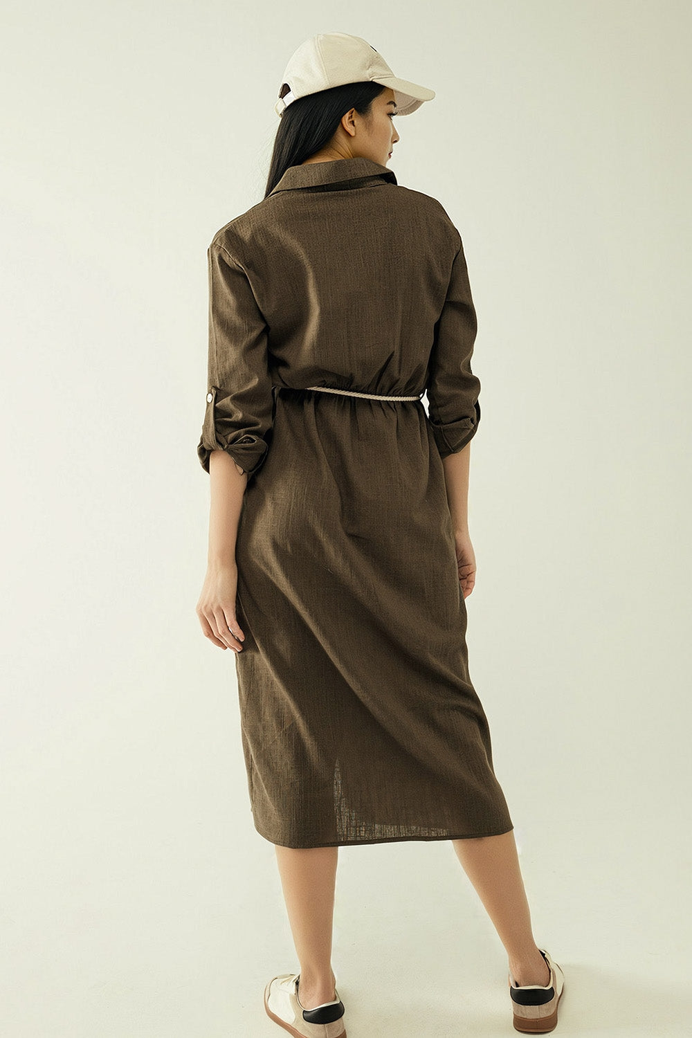 Robe chemise Khaki à manches longues avec fermeture à boutons