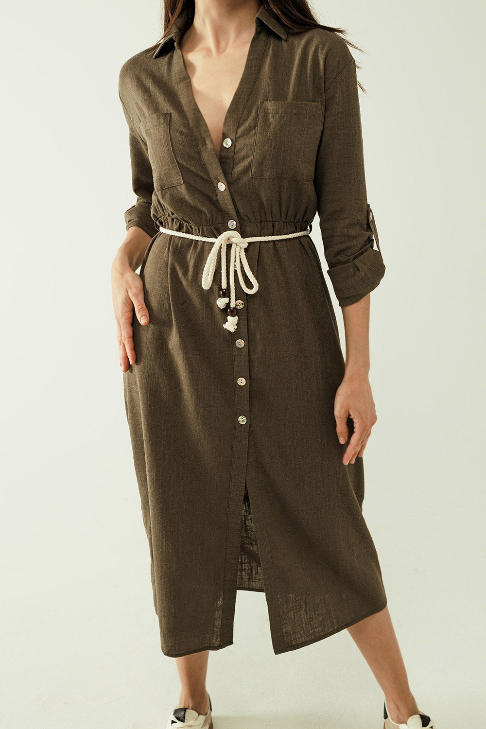 Robe chemise Khaki à manches longues avec fermeture à boutons