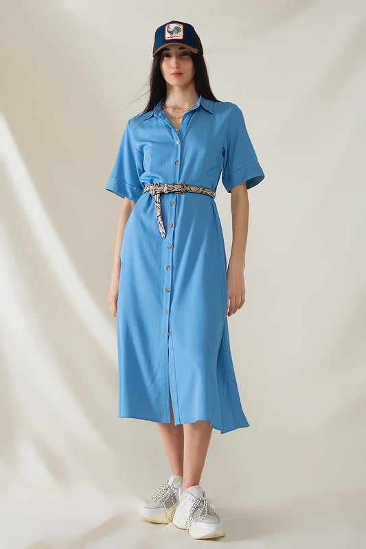 Q2 Robe chemise longue bleue à col polo
