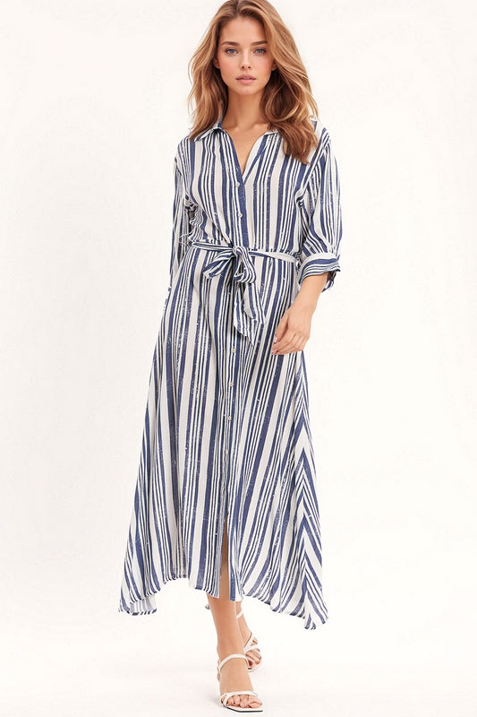 Q2 Robe chemise Maxi rayée à manches 3/4 et ceinture en bleu et blanc