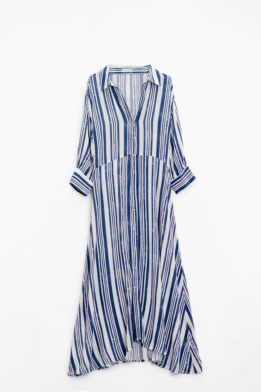 Robe chemise Maxi rayée à manches 3/4 et ceinture en bleu et blanc
