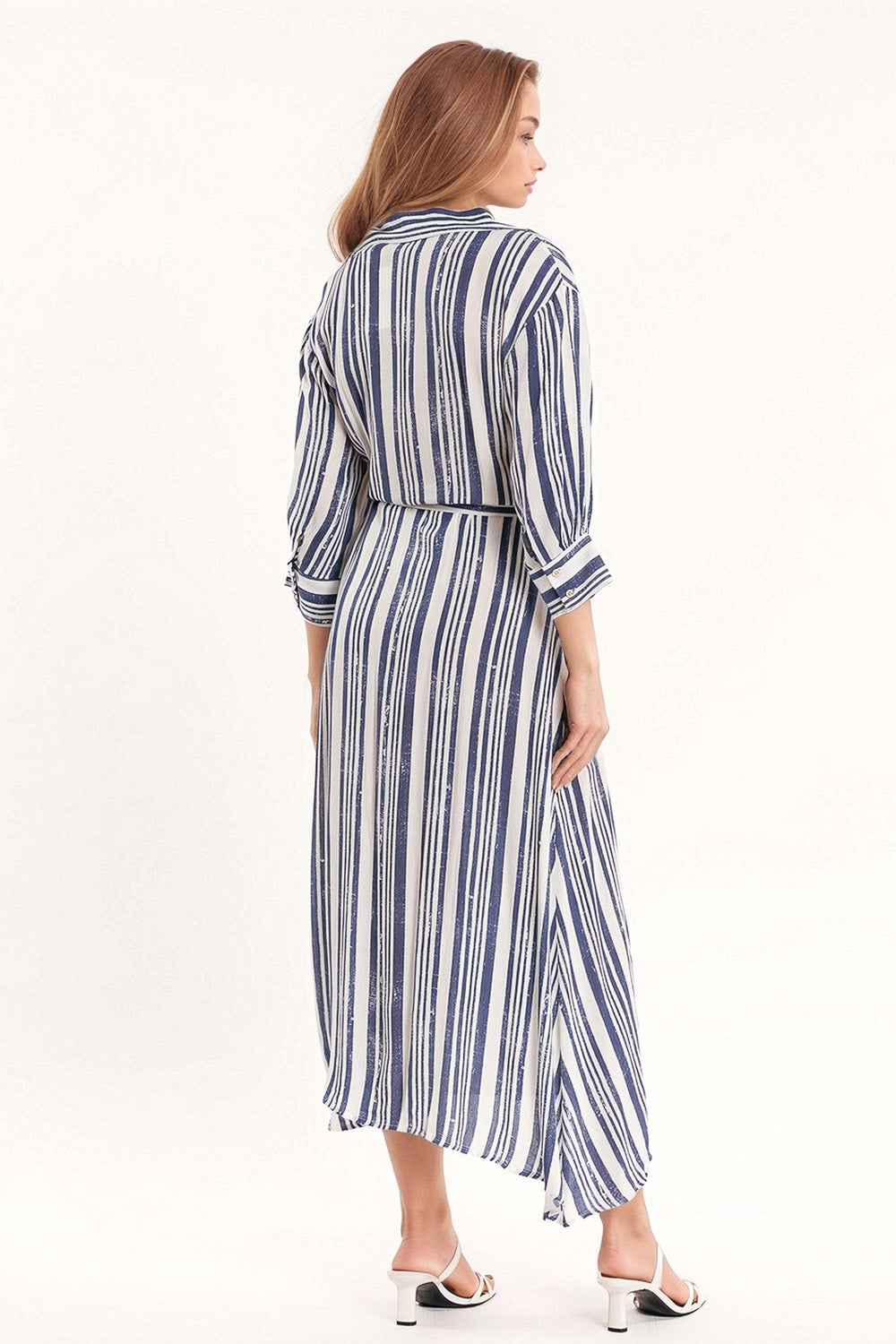 Robe chemise Maxi rayée à manches 3/4 et ceinture en bleu et blanc