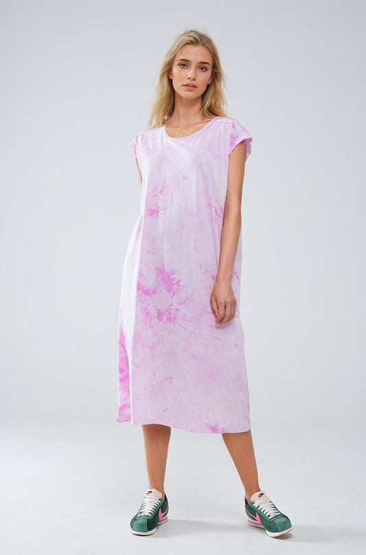 Q2 Robe Chemise Mi-longue Tie Dye Rose