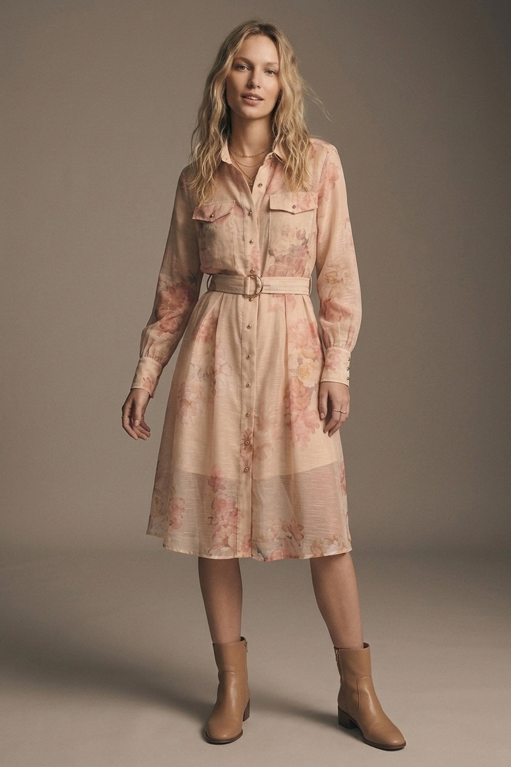 Q2 Robe-chemise midi en mousseline à imprimé floral beige avec ceinture et boutons dorés