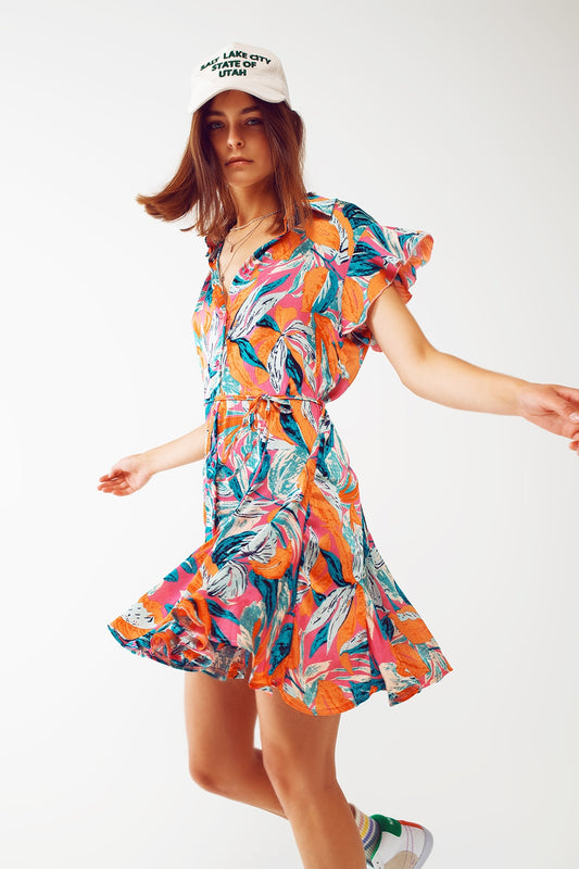 Q2 Robe chemisier ceinturée avec imprimé floral en orange
