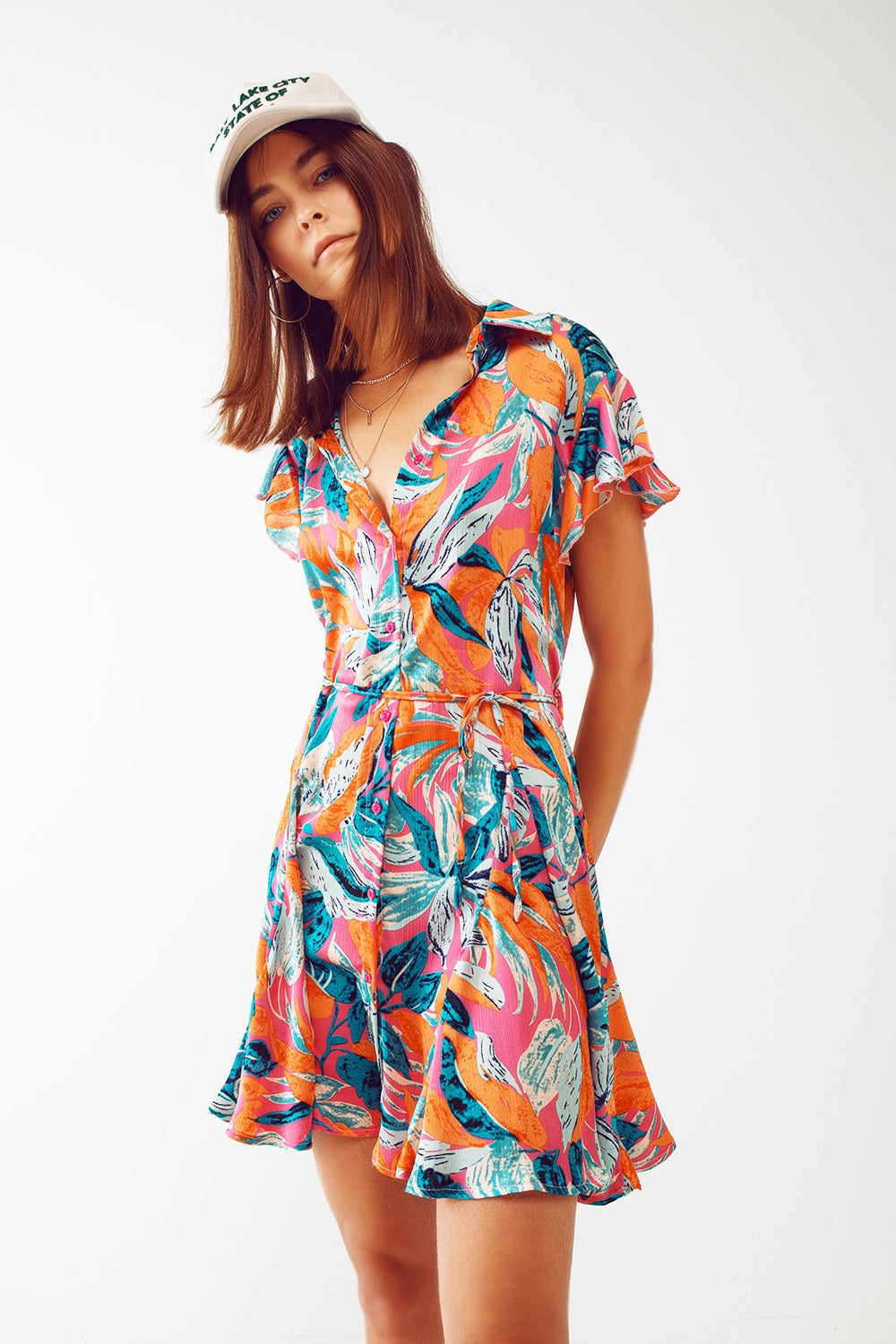 Robe chemisier ceinturée avec imprimé floral en orange